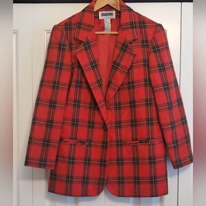 Vtg Womens Prophecy by Sag Harbor Red Black Tartan Plaid Wool Blend Blazer 6P